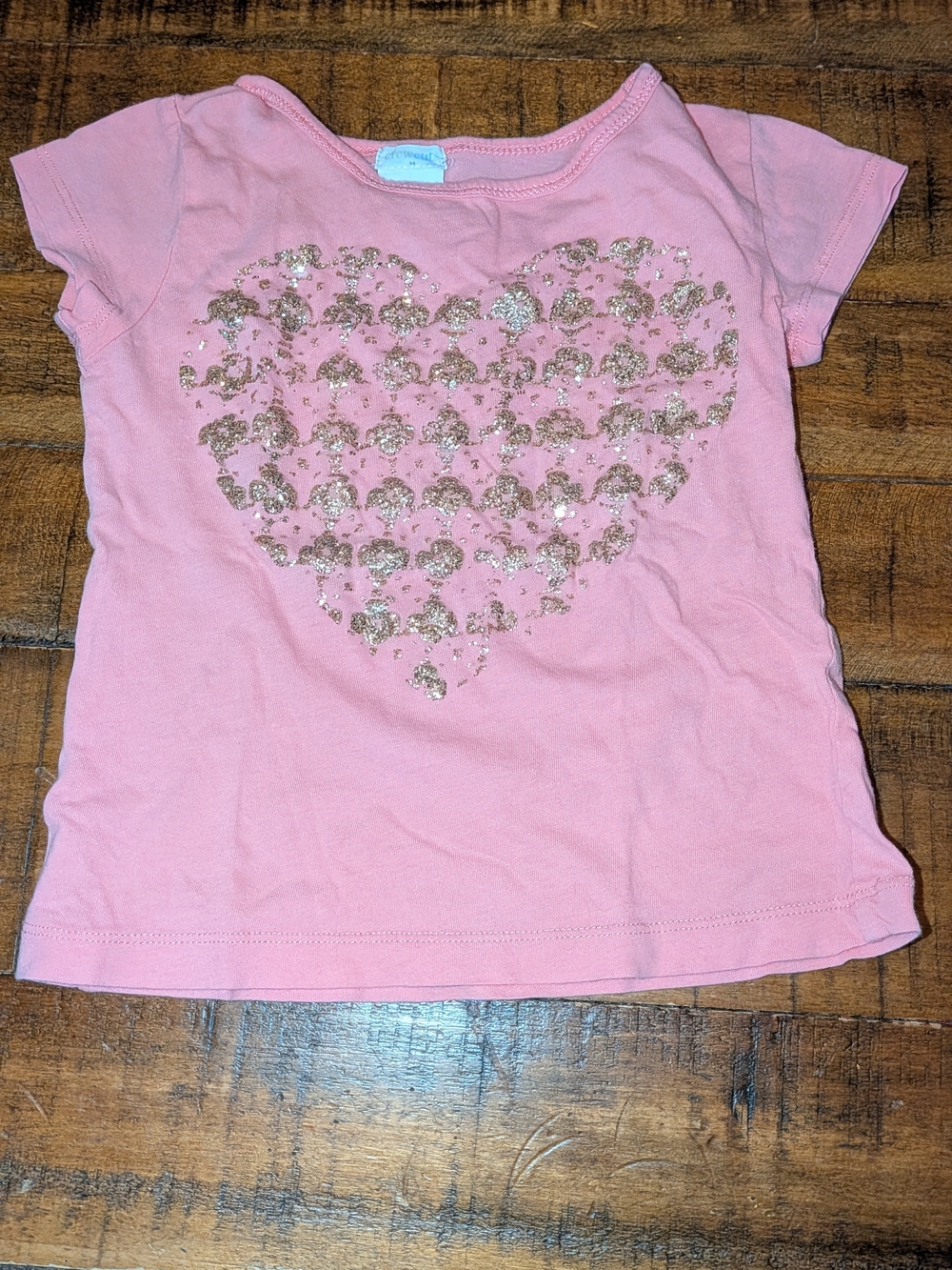 Crewcuts Girls Coral Pink Gold Heart Glitter Short Sleeve Tee